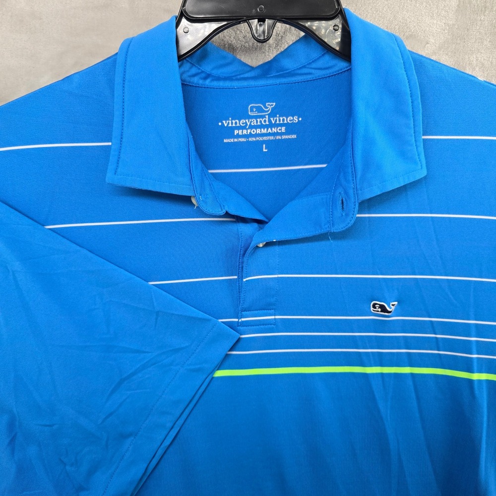 Vineyard Vines Size Large Performance Golf Polo‎ Blue Striped Short Sleeve Shirt